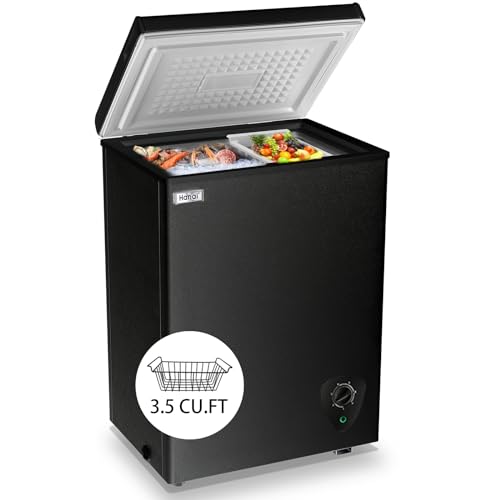 WANAI Chest Freezer Small Deep 3.5 Cu.Ft Black Mini Freezers Top Door Adjustable 7 Thermostat and Removable Basket Open Garage Basement Apartment Kitchen Business Office RV (BCBD-63)