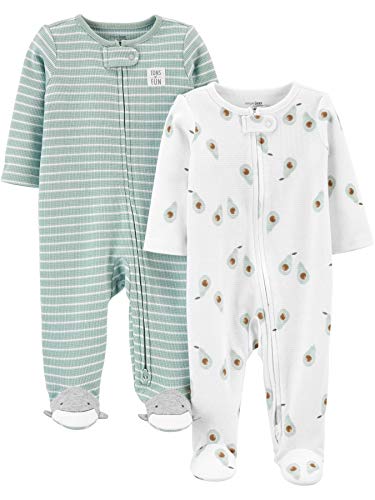 Simple Joys by Carter's Unisex Babies' 2-Way Zip Thermal Footed Sleep and Play, Pack of 2, Mint Green Stripe/White Avocados, Newborn