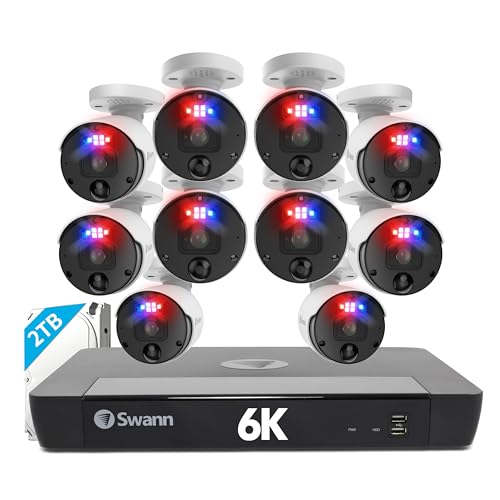 Swann 6K Mega HD Security Camera System, 16Ch NVR with 4TB HDD, 10 Indoor Outdoor Bullet IP Cameras, 12MP PoE Wired, Video Analytics, 2-Way Audio, Sirens, Color Night Vision, True Detect, 24/7, IP66