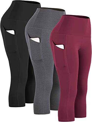 CADMUS Womens High Waist Workout Legging Capris for Yoga w Side Pockets,1109,Black & Grey & Wine Red,XX-Large