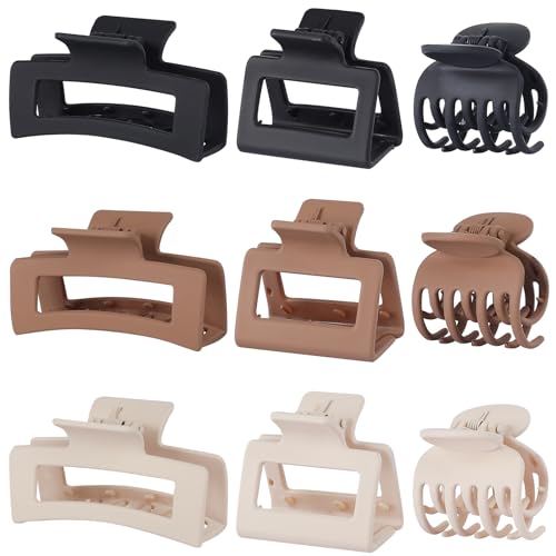 CHANDAT 3 Style Hair Claw Clips 9 pcs Medium Claw Clips Hair Clips for Women Rectangle Claw Clips for Thick Hair Square Hair Clips for Thin Hair Accessories for Women - Brown
