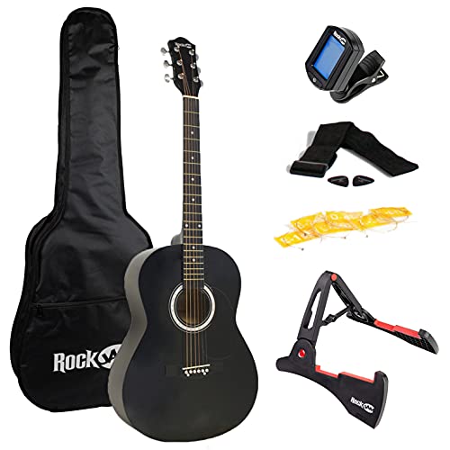 RockJam Acoustic Guitar Superkit Includes Stand, Gig Bag, Tuner, Picks, Plectrum Holder, Spare Strings & Online Lessons 6 Pack, Right, Black, Full (RJW-101-BK-PK)