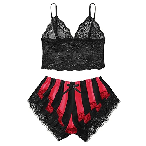 Women's Lace Striped Suit Bow Sexy Underwear Sexiest Lingerie for Women (Red, S)