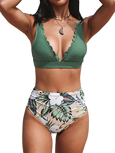 CUPSHE Women Scalloped V Neck Bikini Swimsuit High Waist Floral Ruched Two Piece Bathing Suit, M Green