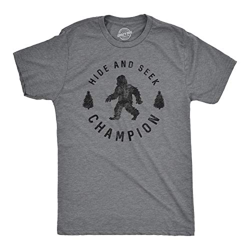 Crazy Dog Men T Shirt Hide and Seek Champion Funny Sasquatch Campfire Story Legend Shirt Bigfoot Tee Humor Witty Graphic Print Dark Heather Grey XL