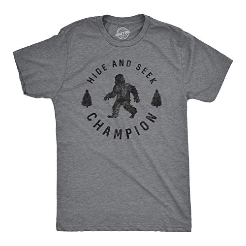 Crazy Dog Men T Shirt Hide and Seek Champion Funny Sasquatch Campfire Story Legend Shirt Bigfoot Tee Humor Witty Graphic Print Dark Heather Grey L