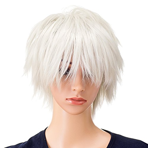 SWACC Unisex Fashion Spiky Layered Short Anime Cosplay Wig for Men and Women (White)
