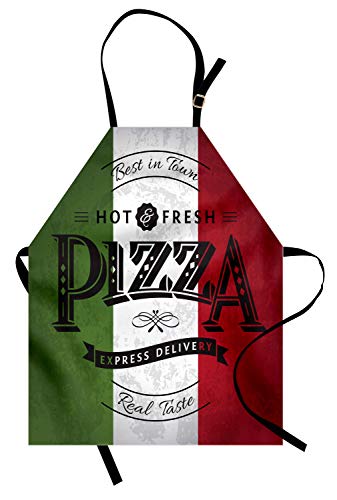 Lunarable Pizza Apron, Retro Grunge Italian Flag and Typographic Elements, Unisex Kitchen Bib with Adjustable Neck for Cooking Gardening, Adult Size, White Vermilion