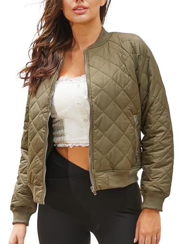 andy & natalie Women's Quilted Jacket Long Sleeve Zip up Raglan Bomber Jacket with Pockets Army Green
