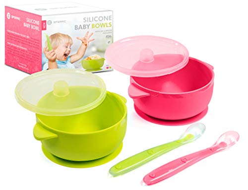 Silicone Suction Baby Bowl with Lid - BPA Free - 100% Food Grade Silicone - Infant Babies and Toddler Self Feeding (Green/Pink)