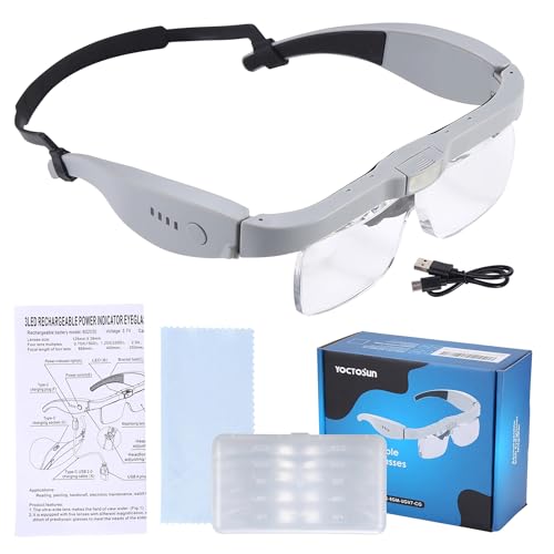 YOCTOSUN Magnifying Glasses with Light for Close Work, Head Magnifier Glasses with 3 LED Lights and 5 Detachable Lenses 0.75X,1.25X,2.0X, 3.0X and 4.0X, Eyeglasses Magnifier for Jewelry Crafts Hobby