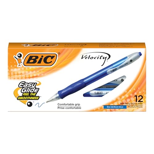 BIC VLG11-BLUE Velocity Retractable Ballpoint Pen, Refillable, Medium Point (1.0 mm), Blue, 12-Count