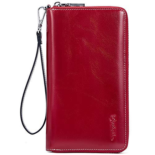 BOSTANTEN Leather Wallets for Women RFID Blocking Zip Around Credit Card Holder Phone Clutch Red