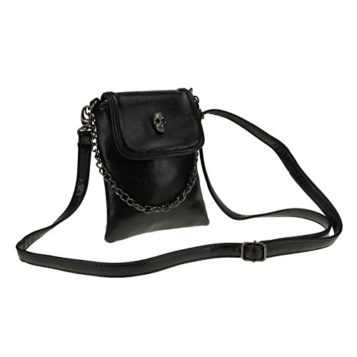FakeFace Studded Skull Gothic Mini Chain Crossbody Shoulder Bag Satchel Travel Leather Tote Handbag Purse, Black, 13*16cm