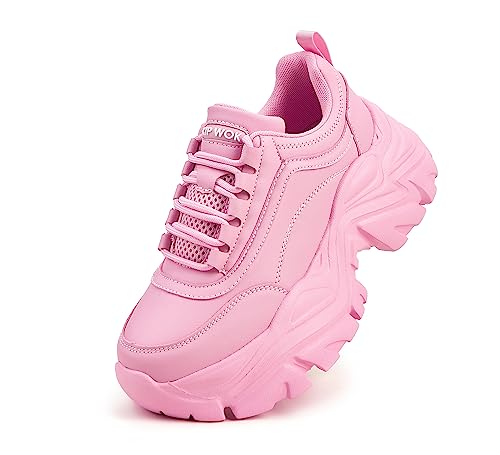 K KIP WOK Chunky Sneakers for Women Fashion Platform White Leather Casual Dad Shoes Comfortable Wedge Walking Sport Sneakers（Pink,7B(M) US）