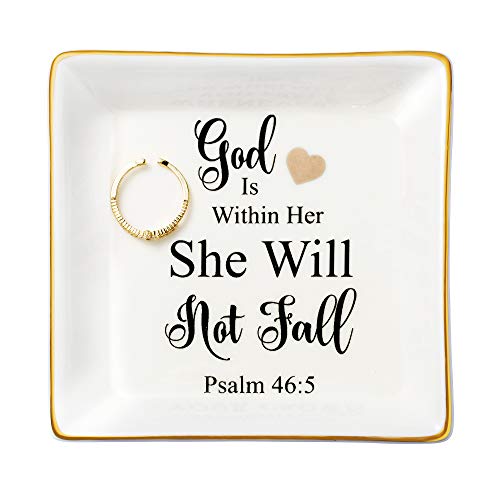 JoycuFF Religious Gifts for Women Inspirational Christian Jewelry Trinket Dish Birthday Gifts for Sister Daughter Mother Aunt Christians God Is Within Her She Will Not Fall