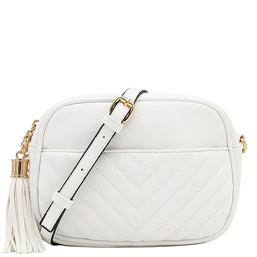 FashionPuzzle Chevron Quilted Crossbody Camera Bag with Chain Strap and Tassel (White)