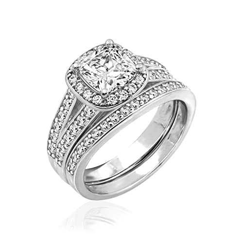 Amazon Collection Sterling Silver Platinum Plated Infinite Elements Cubic Zirconia Cushion Halo Ring, Size 7