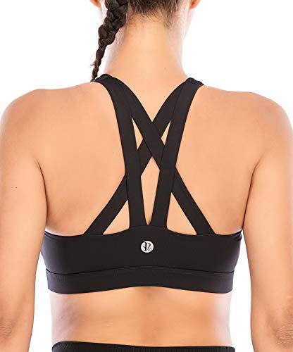RUNNING GIRL Sports Bra for Women, Criss-Cross Back Padded Strappy Sports Bras Medium Support Yoga Bra with Removable Cups B-Black