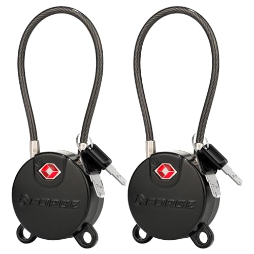 Forge TSA Approved Luggage Locks Ultra-Secure Dimple Key Travel Locks with Zinc Alloy Body- Black 2 Cable Locks