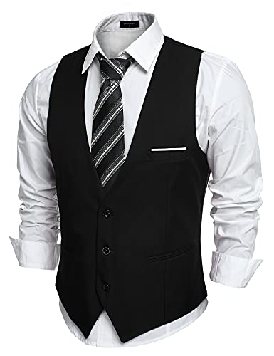 COOFANDY Men's V-Neck Sleeveless Business Suit Vests Slim Fit Wedding Waistcoat, Type-02 Black, Small