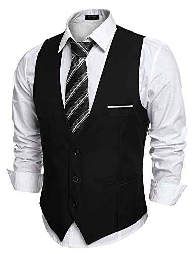 COOFANDY Men's V Neck Sleeveless Business Suit Vests Slim Fit Wedding Waistcoat, Type 02 Black, Medium