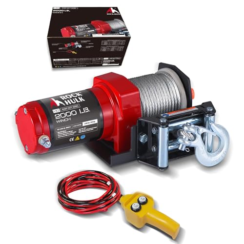 Rock-Hulk 2000lb 12V ATV/UTV Electric Winch, Off-Road Waterproof Steel Cable Winch for ATV UTV Towing Trailer Winch