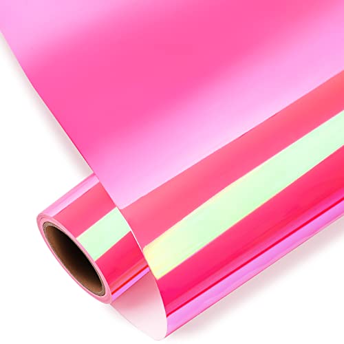 GIRAFVYINL Hot Pink Holographic Opal Vinyl 12” X 10FT Adhesive Neon Pink Permanent Vinyl Roll for cricut,DIY Home and Car Decor,Tumbler (Hot Pink)