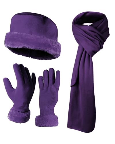 3 Pieces Set Matching Hat, Gloves and Scarf for Woman. Solid Colors - Purple