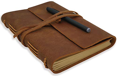 Leather Journal Writing Notebook - Genuine Leather Bound Daily Notepad for Men & Women Lined Paper 240 Kraft Pages, Handmade, Brown, 5 x 7 in