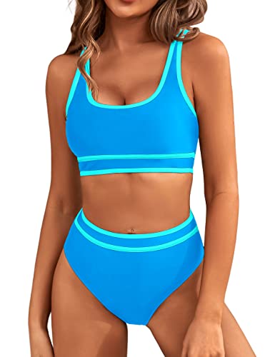 BMJL Women's High Waisted Bikini Sets Sporty Two Piece Swimsuit Color Block Cheeky High Cut Bathing Suits(XL,Blue)