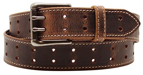 Two Prong, Heavy Duty, 1-1/2' Solid Leather Belt, Amish Made by Hand in Lancaster, PA (Distressed Stitched, Antique Nickel, 48)