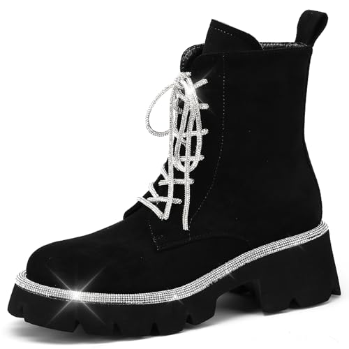 CYNLLIO Womens Glitter Rhinestone Ankle Boots Lace up Platform Booties Round Toe Chunky High Heel Combat Boots
