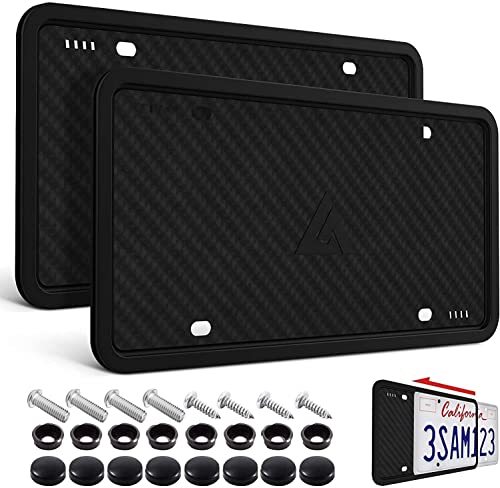 Aujen Silicone License Plate Frames,2 Pack Black Side-Opening License Bracket Holder with Easy Installation, License Plate Frame Without Obstruction.Rustproof, Rattle Proof & Weatherproof Universal