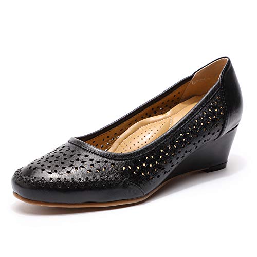 Mona flying Women's Leather Wedges Pumps Dress Shoes Med Heel Round Toe Formal Office Shoes for Women Ladies Hollow Out
