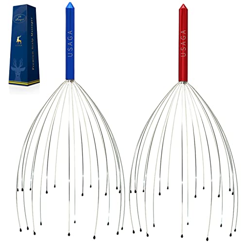 USAGA Head Scratcher, 20 Fingers Scalp Massager, Head Whisk Massager, Stocking Stuffers for Head Body Stress Relax [2-Pack] Updated Version (Red & Blue)