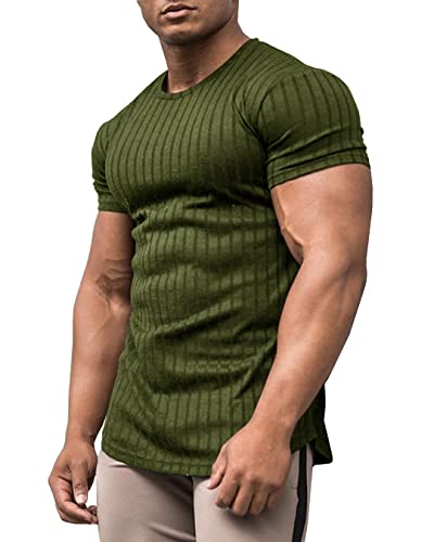 URRU Men's Muscle T Shirts Stretch Short Sleeve Bodybuilding Workout Casual Slim Fit Tee Shirts Army Green L