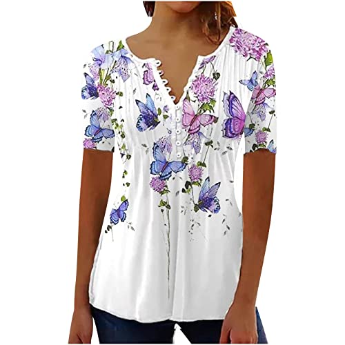 SKDOGDT Womens Tops Hide Belly Fat Shirts Summer Pleated Button V Neck T-Shirt Causal Empire Waist A-Line Floral Tunic Tops, A09#white, XX-Large