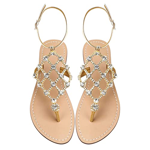UTIKLIOU Casual Thong with Ankle Strap Sandals Flat Thong Sandals with T-Strap (Gold 7)