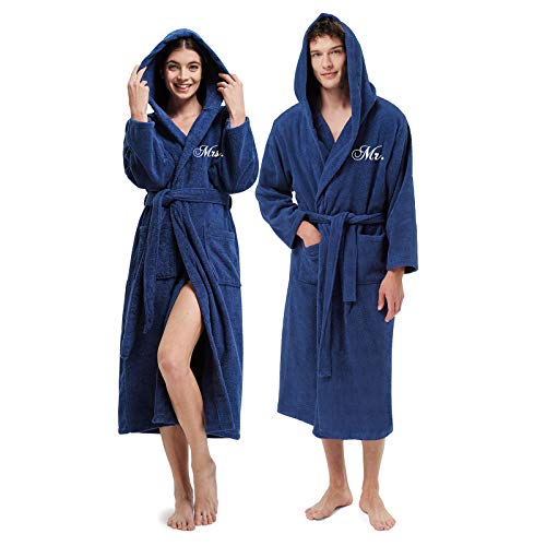 AW BRIDAL Couples Gifts Mr and Mrs Robes Gifts Bridal Robe Terry Cloth Robes for Men and Women Cotton Robe with Hood Lightweight, Navy Mr./Mrs.