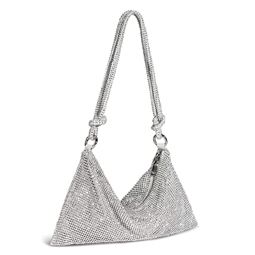 SWEETV Women's Sparkly Evening Bag,Rhinestone Clutch Purse for Formal/Wedding/Cocktail/Prom/Party/Club,Silver Sequin Crystal Hobo Bags,Large