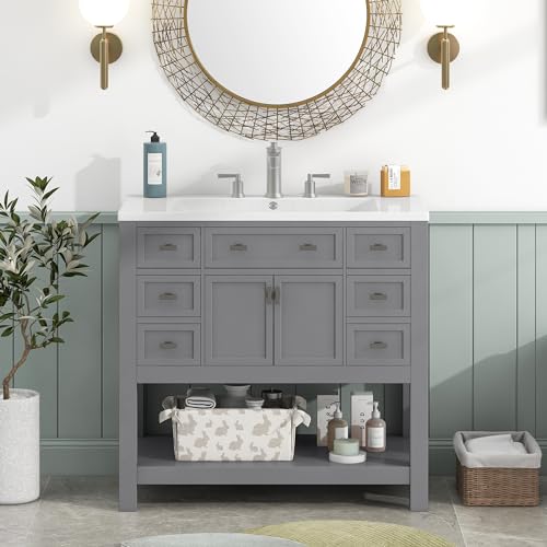 Merax 36'' Bathroom Vanity with Single Sink Combo, Modern Bathroom Sink Cabinet with 2 Soft Closing Doors & 6 Drawers & Opening Shelf, Solid Wood Frame Bathroom Vanities (Grey)