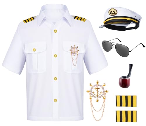 TOGROP Kids Yacht Captain Sailor Costume for boys Shirt Hat Accessories Set Party Cosplay 9-10Years