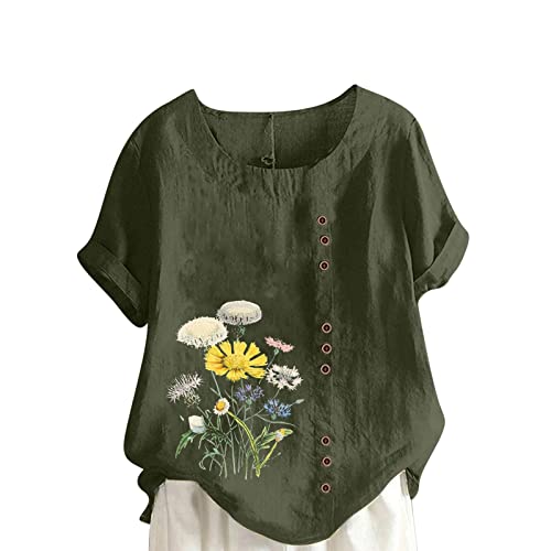 Ceboyel Women Summer Cotton Linen Shirts Dandelion Print Blouses Short Sleeve Casual Tops Boho Loose Fit Ladies Clothing