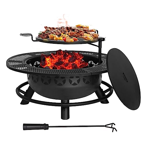 Hykolity 35 Inch Fire Pit with Cooking Grate & Charcoal Pan, Outdoor Wood Burning BBQ Grill Firepit Bowl with Cover Lid, Steel Round Table for Backyard Bonfire Patio Picnic