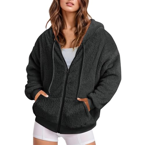 prime amazon membership Fleece Jacket for Women Fuzzy Sweater Sherpa Hoodies Faux Fur Shearling Zip Shacket Winter Warm Sweatshirt fleece tops for women Black S