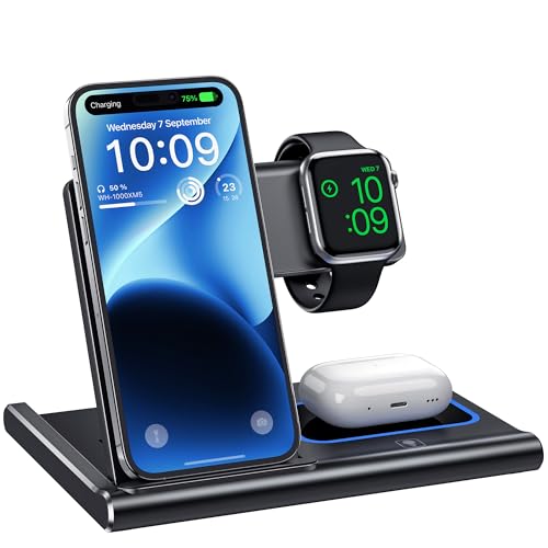 Wireless Charging Station, 3 in 1 Charging Station for Apple Devices, Wireless Charger for iPhone 15 14 13 12 11 Pro & Max Series, AirPods Pro/3/2, Apple Watch - Black [UL-Listed]