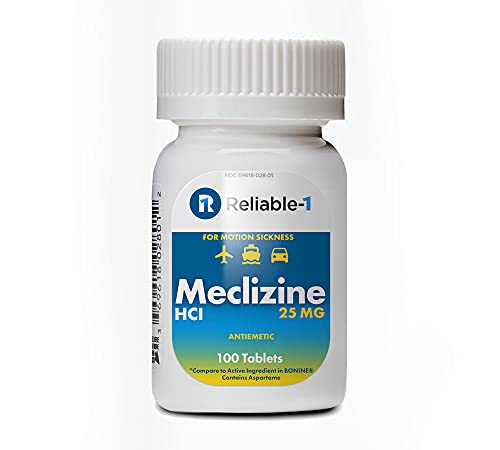 RELIABLE 1 LABORATORIES Meclizine 25 mg Generic Bonine Motion Sickness (100 Chewable Tablets, 1 Bottle) - Prevent nausea, vomiting, and dizziness caused by motion sickness