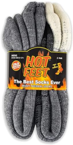 HOT FEET Thermal Socks for Men 2/4 Pack, Extreme Cold Boots Socks -Winter Insulated Socks, Cold Weather Size 6-12, 2 Pack, Gradient Gray/Black