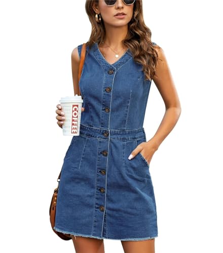 luvamia Women's Casual V Neck Sleeveless Jeans Button Down Denim Short Dressdresses for Women Work Casual Womans Dress Flowy Summer Dress for Women Denim Blue Size Medium